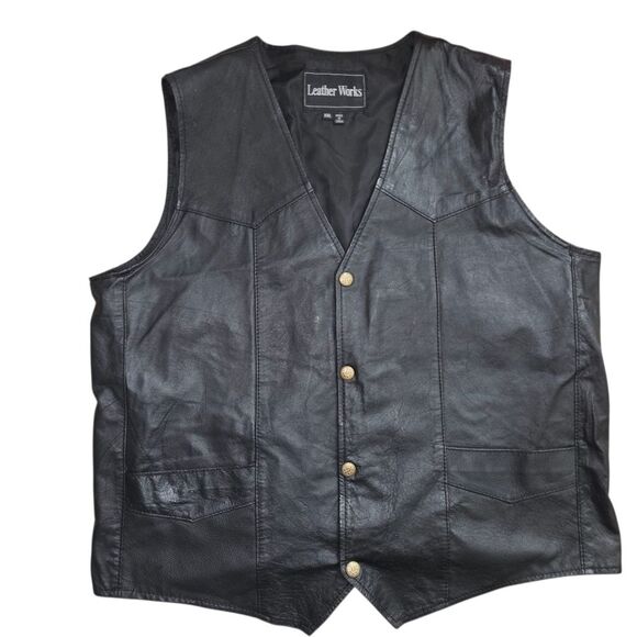 Leather Works Black Leather Men's Biker Vest Size XXL - Picture 1 of 7